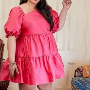 Pink Puff Sleeve Asymmetrical Neckline Eloquii Plus Size Dress